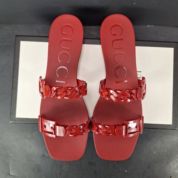 Gucci Rubber Buckle Chain Slide Sandals Womens Size 40 Hibiscus Red - Picture 4 of 14